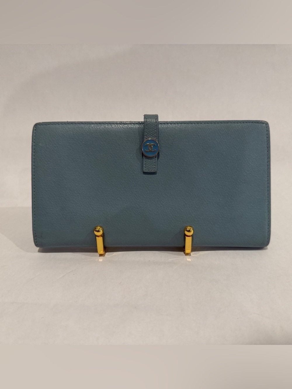 CHANEL Teal Blue Leather Snap Wallet with Gold Hardware